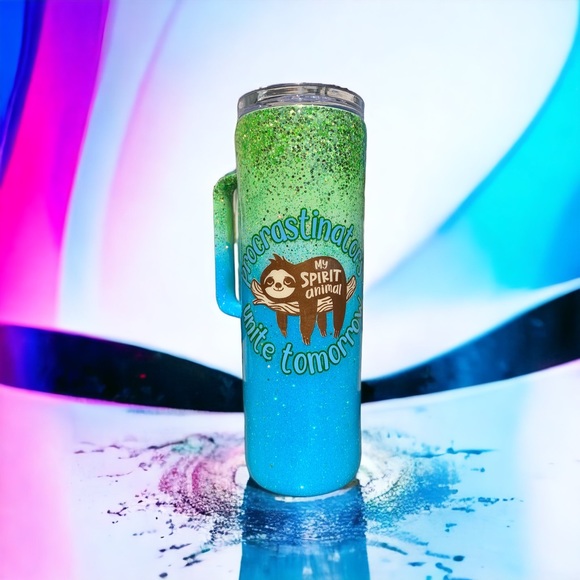 Procastrinators & sloths, spirit animals, funny 20oz skinny tumbler with handle - Picture 9 of 11